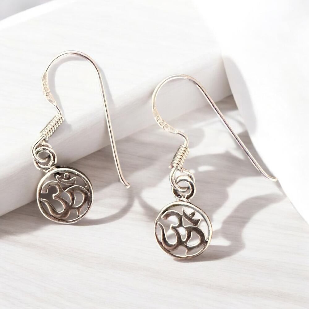 Sterling Silver Om Drop Earrings, Om Dangle Earrings